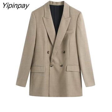 Yipinpay Women New Autumn Blazer Pant Sets 2023 Long Sleeve Office Outfits Coat Double Breasted Jacket Zipper Trouser Outwear